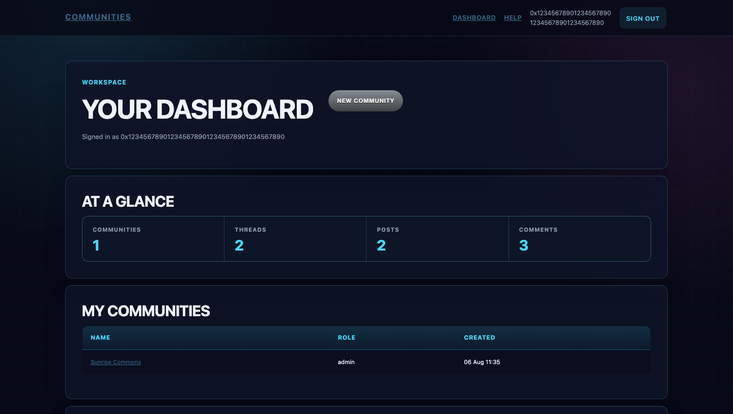 The member dashboard, showing community stats, your communities and recent activity